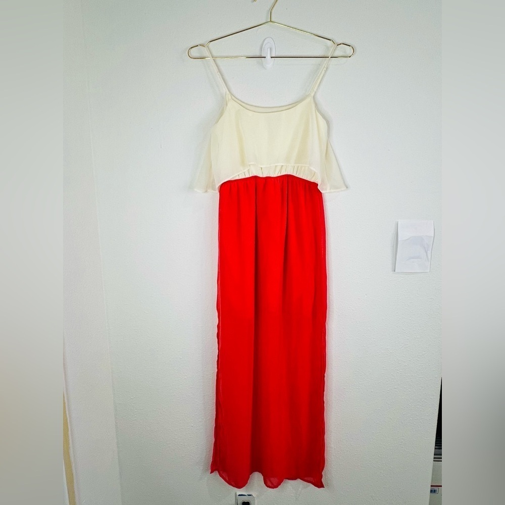 Freebird Off-White & Coral Flowy Maxi Dress - Size Medium Boho Chic Lightweight